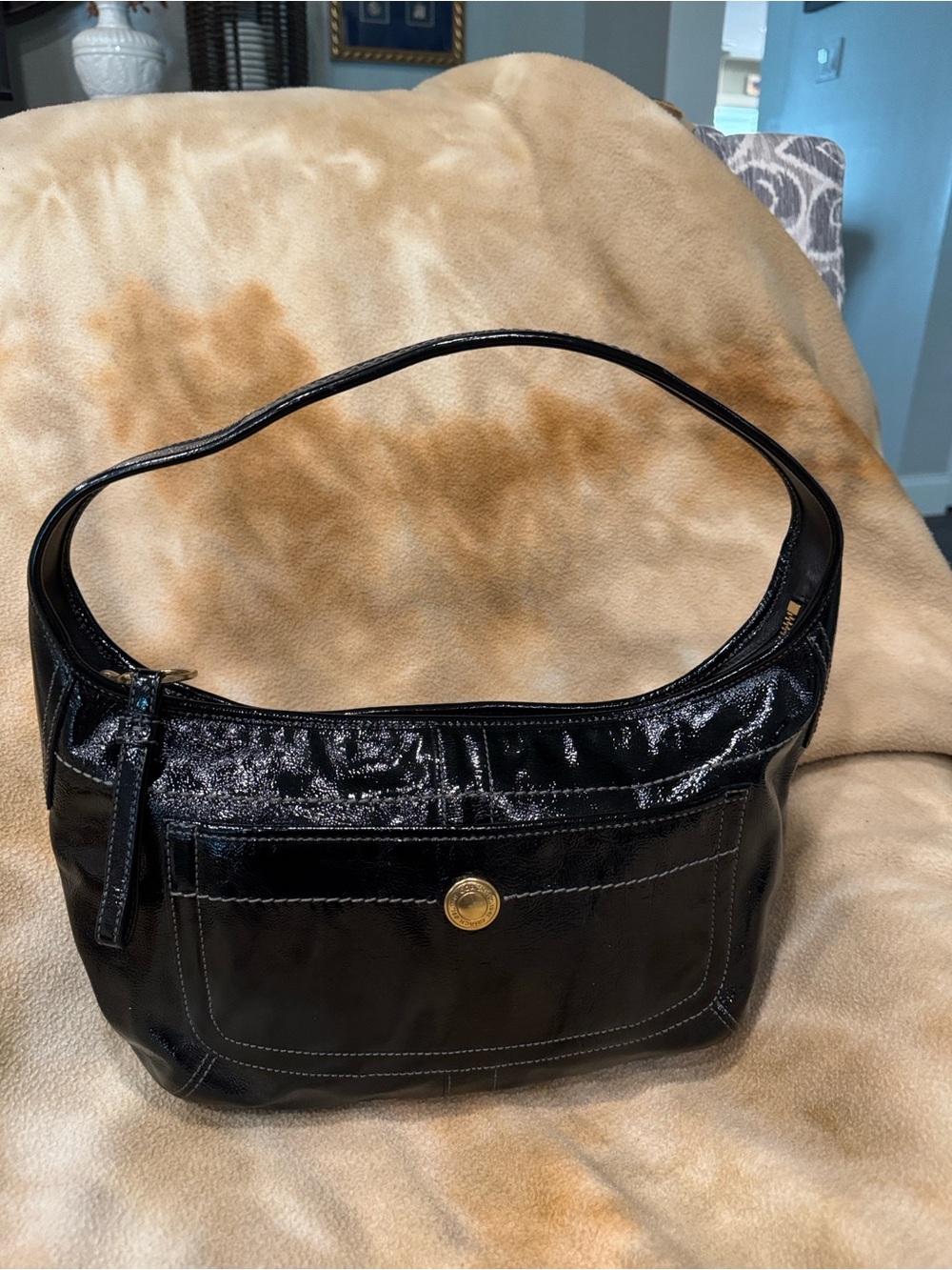 Shiny Black Patent Shoulder Bag with Front Pocket